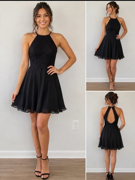 Dresses & Skirts - Black Lace Beaded Halter Party Dress Keyhole Back Chiffon Size 6